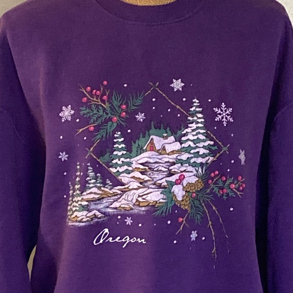 Vintage 90s Jerzees Oregon Winter Christmas Forest Purple Sweatshirt Adult L - Picture 2 of 11